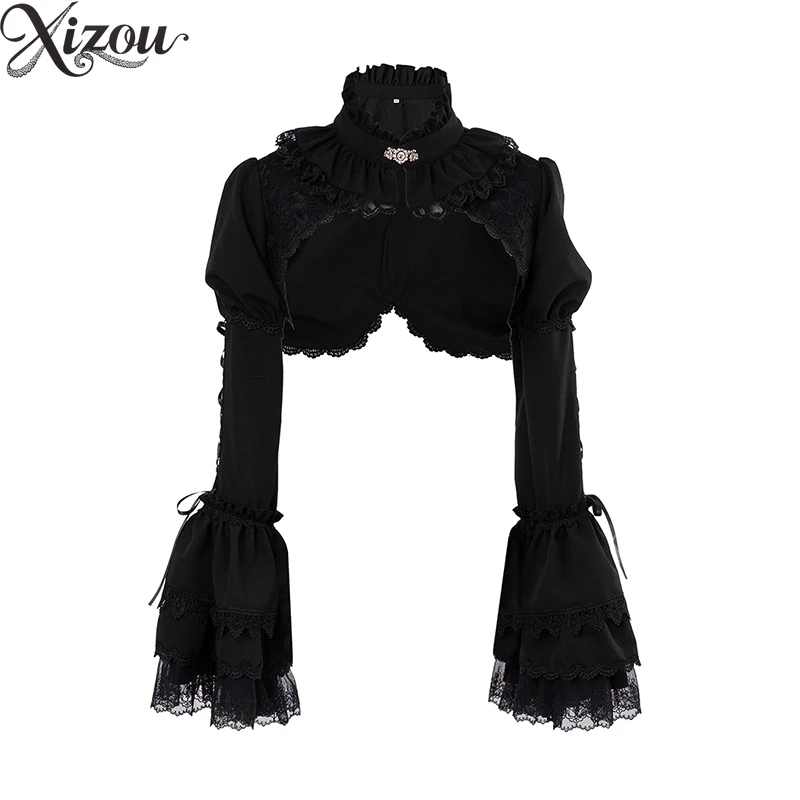 

2025 Gothic Vest Lace Shrug Women Flare Puff Ji Sleeve Stand Ruffled Collar Vintage Top Japanese Harajuku Cape Spring Autumn