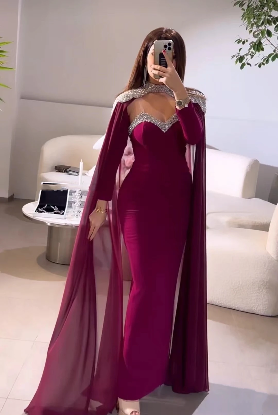 Middle East Elegant Prom Dresses With Cape Spaghetti Straps Chiffon Long Sleeves Evening Dresses Formal Occasion Party Gown