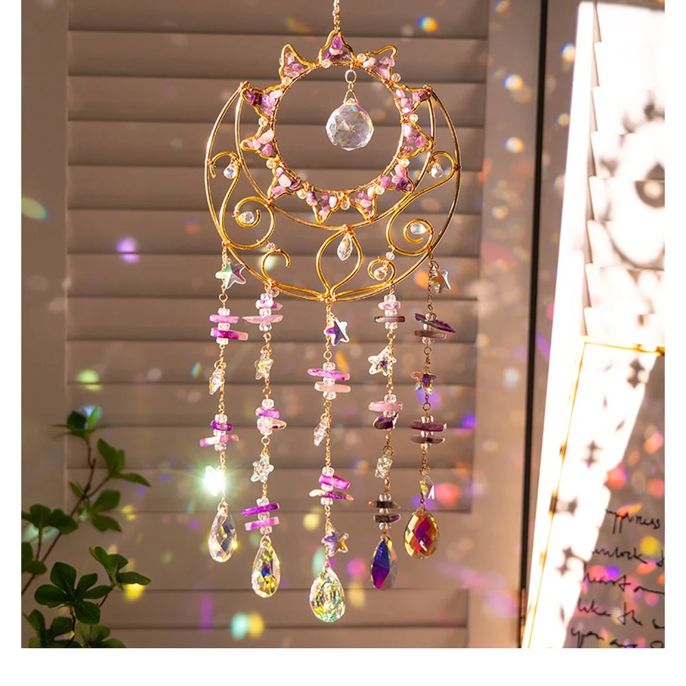 Handmade Natural Stone Wind Chime Purple Sunlight Reflector For Garden Yard Outdoor Hanging Decor Ethnic Style Ornament