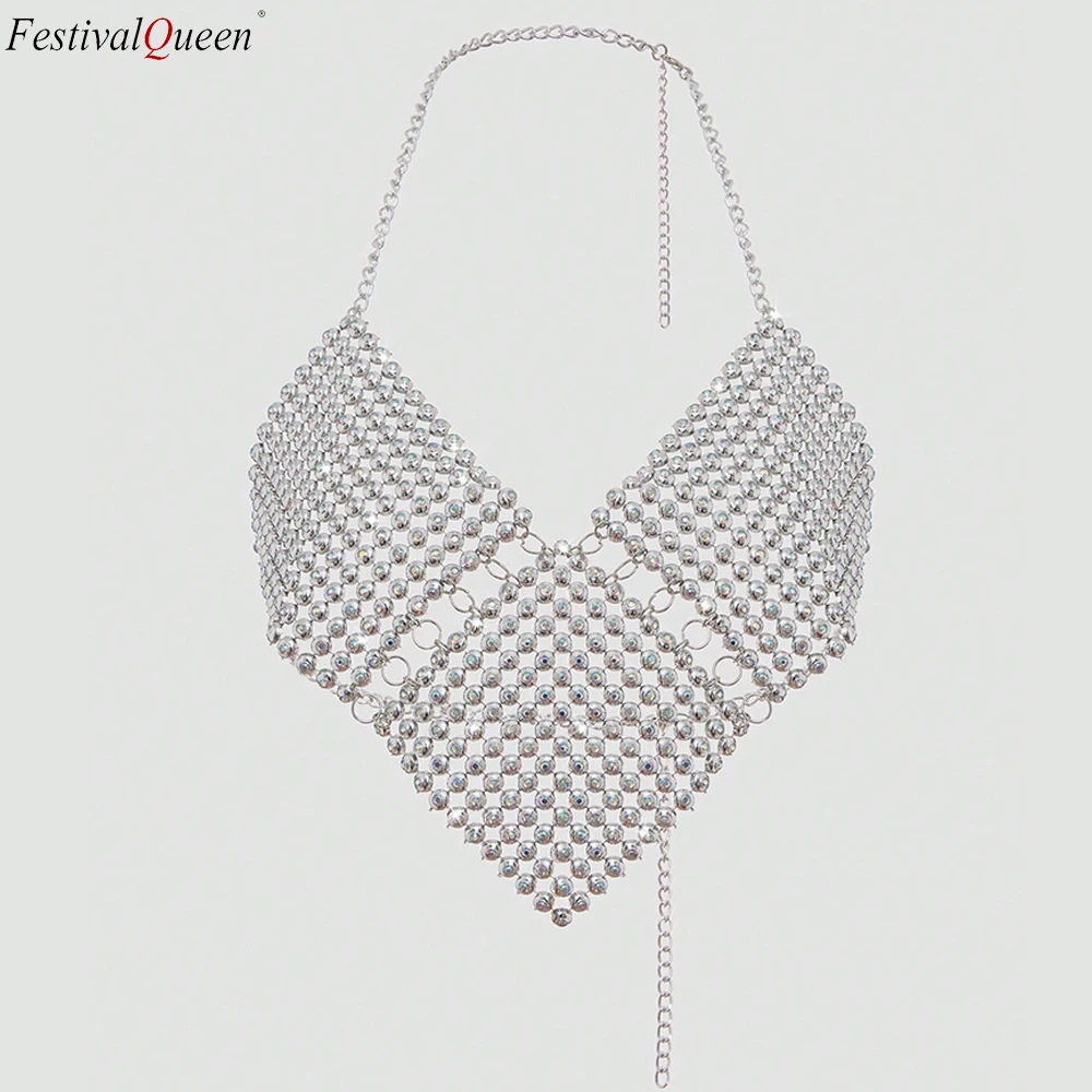 

FestivalQueen Sexy Rhinestone 3-piece Rhombus Splicing Metal Top Hanging Neck TANK TOPS Women's Wear