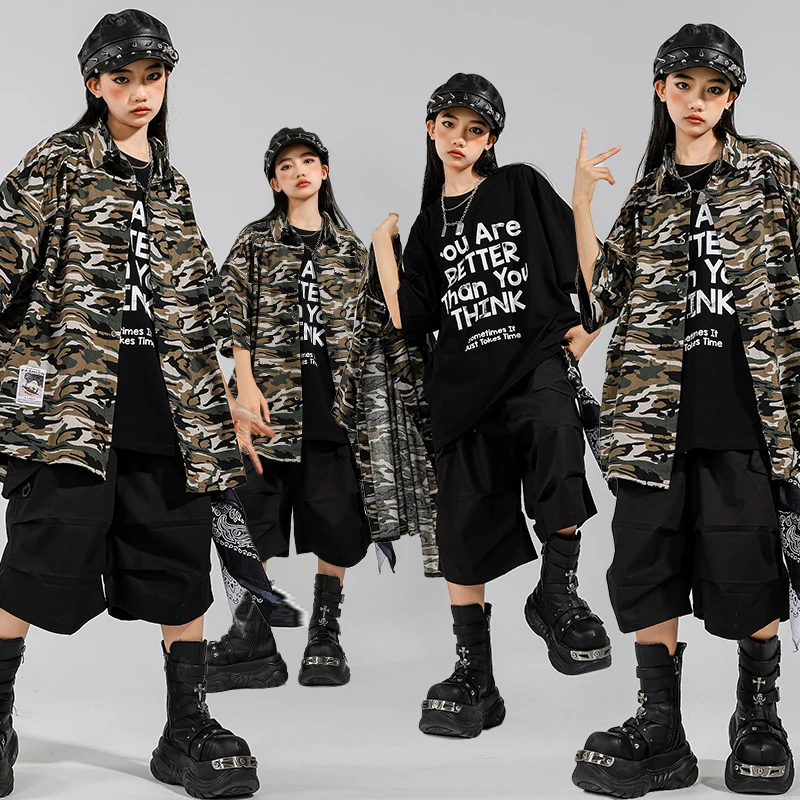 Jungen Hip Hop Camouflage Mantel Cargo-Shorts Mädchen K-pop Street Dance Kleidung Kinder Military Streetwear Kinder Jazz Kleidung Set