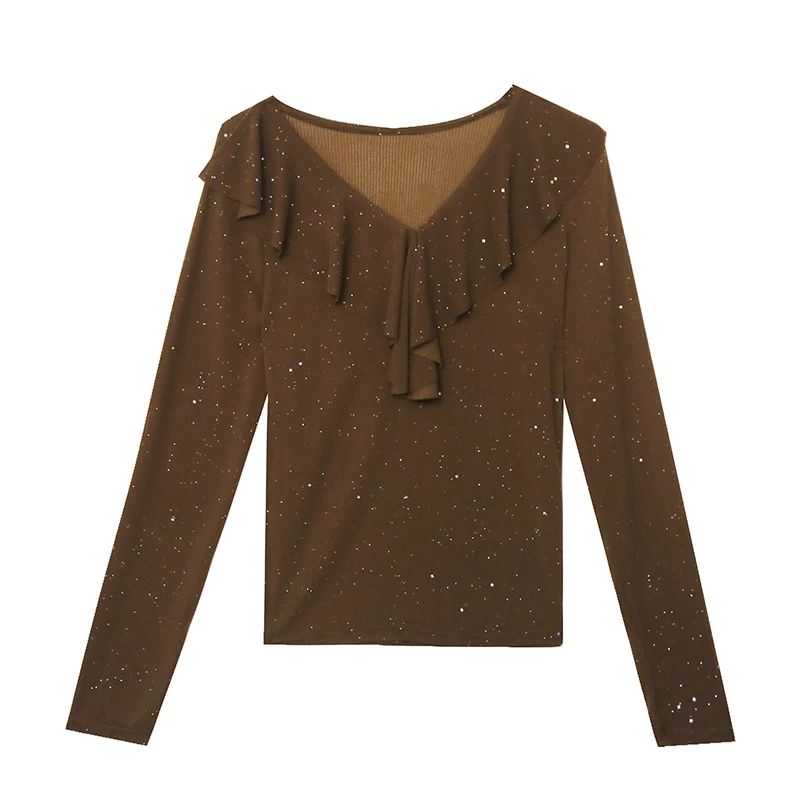 

2025,New Fall Winter European Clothes Mesh T-Shirt Sexy V-Neck Ruffles Shiny Diamonds Love Women Tops Long Sleeve Hot Tees 3008