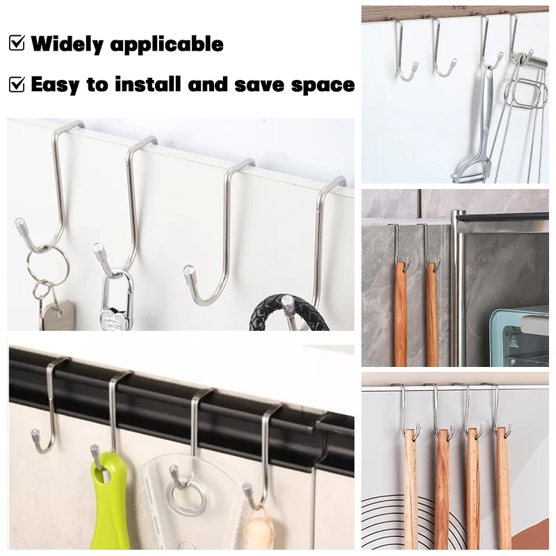 1-8pcs Stainless Steel Double S-shaped Hooks Free Punching Hooks for Kitchen Dorm Door, Wardrobe Shoe Cabinet Home Organization