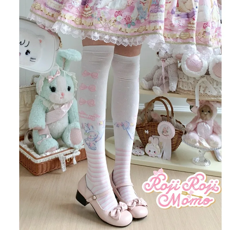 Pastel Macaron Color Lolita High Socks Cute Bunny Bow Pattern Striped Cotton Long Socks Girls Kawaii Harajuku Matching Stockings