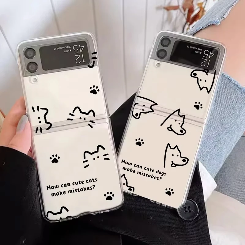 Capa de Telefone Simples com Estampa de Gato e Cachorro para Samsung Galaxy Z Flip3 Flip4 Flip5 Flip6 Flip7 Fold7 Fold4 5G, Capa Traseira de PC Macia e Anti-queda