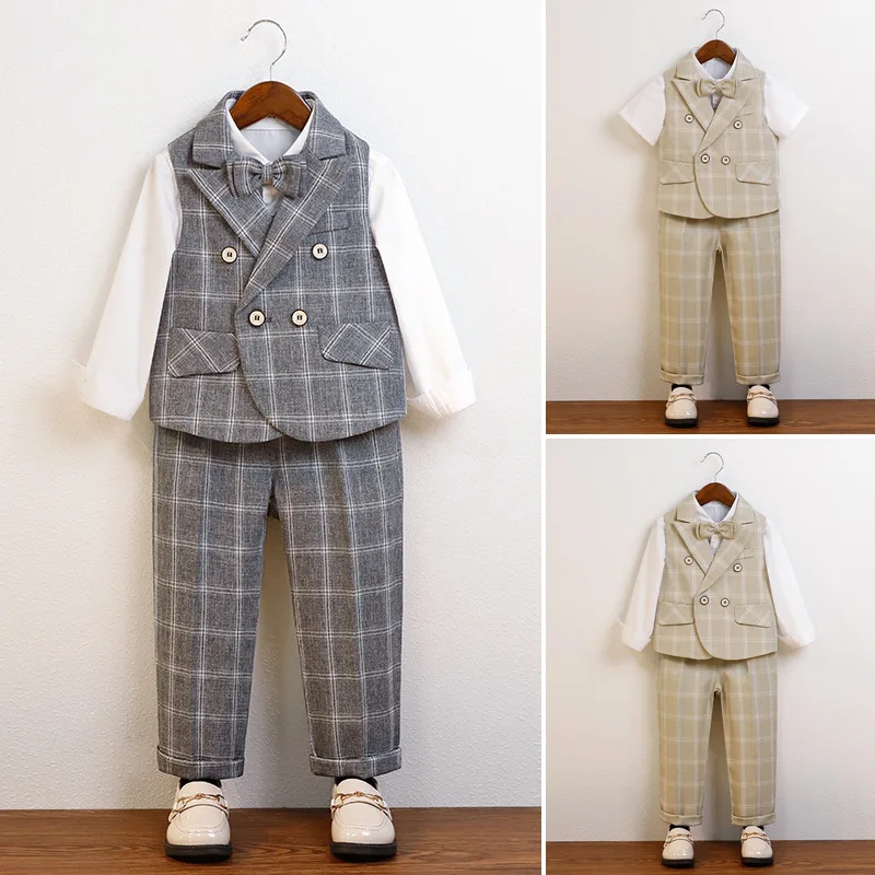 

Children's Spring Autumn Vest Suit Set Boys Plaid Waistcoats Pants Bowtie Clothes Kids Wedding Host Party Show Costume