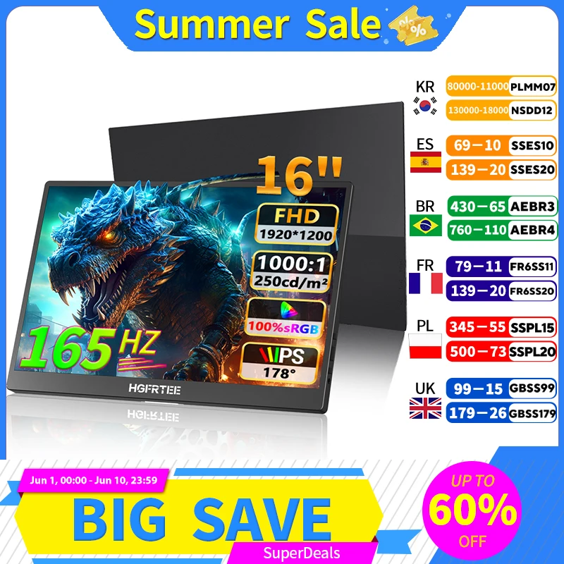 HGFRTEE 16 Inch 165Hz Portable monitor 1920*1200 RGB100% Type-C HDMI-Compatible for Switch Laptop xbox Extended Display