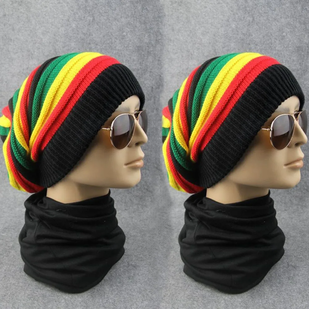 New Rainbow color Knitted hat Thick Warm Beret Streetwear Pile Cap Men's