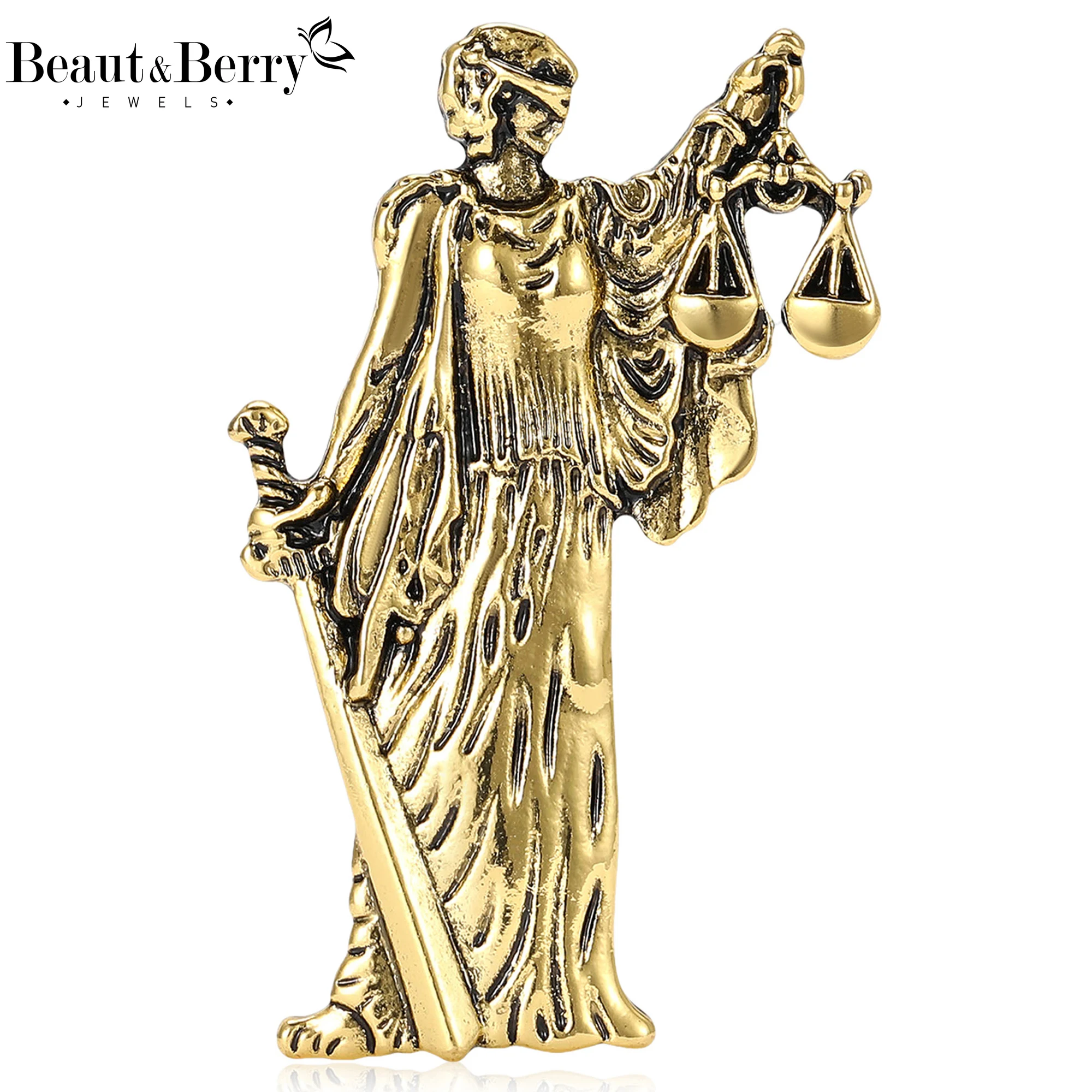 Beaut&Berry Fashion Alloy Justice Lady Brooches for Women Lawyer Court Pins Necklace Casual Accessories Luxury New Gifts Friend