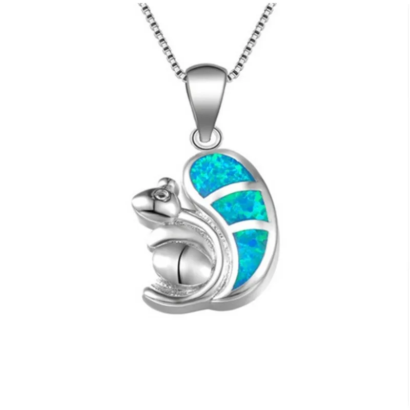 Women's gemstone Squirrel Artificial Fire Opal Pendant with diamond long necklace