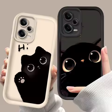 Lovely Cartoon Big Eye Black Cat Case for Samsung Galaxy A35 A55 A15 A25 A16 A06 A05 A05S A24 A13 A23 A12 A22 A32 A52 A71 A51 4G