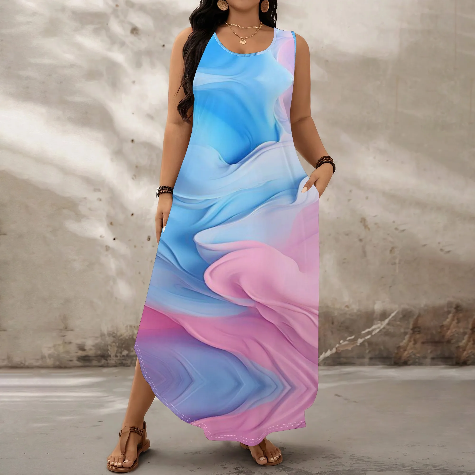 

Pink Blue Gradient Print Plus Size Dress XL‑6XL Sleeveless Loose Fit Maxi Style for Beach Trip, Summer Brunch or Resort Look
