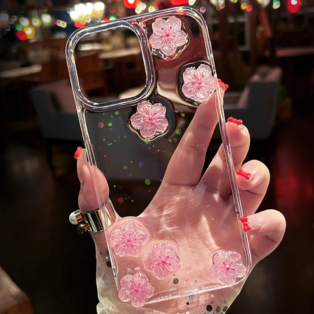 

Lovely Pink Flower 3D Cherry Blossom Bling Glitter Phone Case For iPhone 17 Pro Max Air 16 15 13 12 11 14 Plus Clear Back Cover