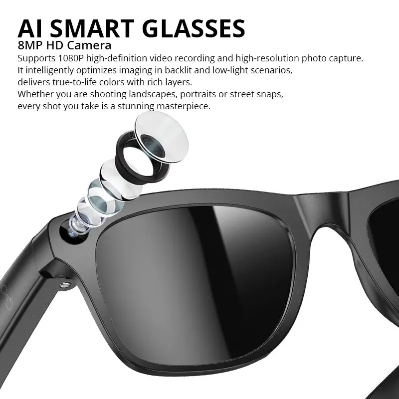 AI Smart Glasses 8MP HD Camera Long Endurance Touch Control Bluetooth Video Recording Outdoor Sports Travel Smart Glasses transl