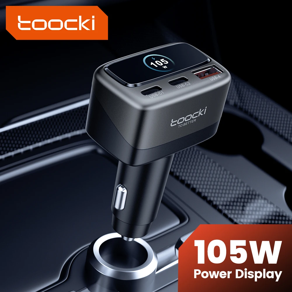 

Автомобильное зарядное устройство Toocki 105W для телефона с быстрой зарядкой PD 45W PPS, USB-C, с дисплеем, для iPhone 17 16, Samsung S25, Xiaomi 15