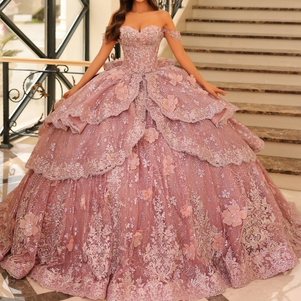 Vestidos De quinceañera De princesa con cuello en forma De corazón y diamantes De imitación brillantes, vestido De graduación con flores rosas en 3D, Vestidos personalizados De 15 quinceañera