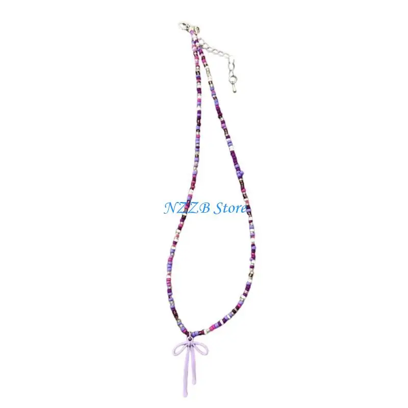 

T21F Elegant Beaded Butterfly Necklace Bowknot Pendant Clavicle Chain Women Jewelry