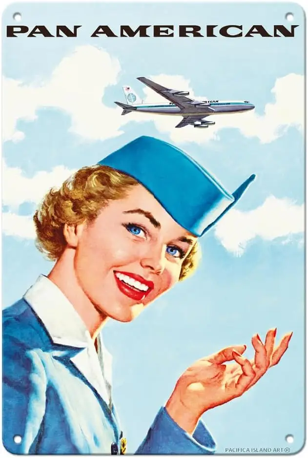 Pan American World Airways - Airline Stewardess - Vintage Airline Travel Poster c.1960s - 8 x 12 inch Vintage Metal Tin Sign