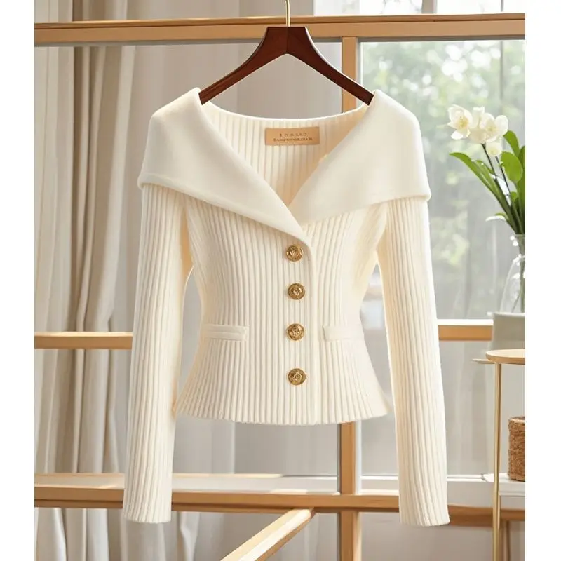 

Elegant Gold Button White Sweater Off Shoulder V-neck Waist Cinched Jacket French Style Spring Autumn New Solid Slime Knit Top