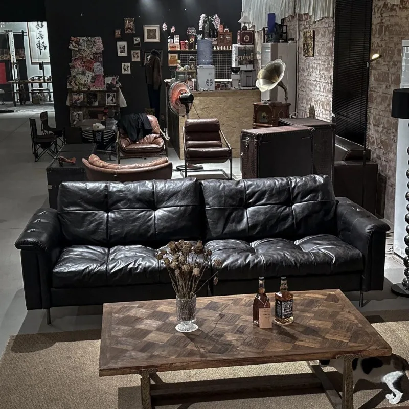 Medieval leather sofa, black oil wax leather nebula sofa, retro style designer living room small apartment three people