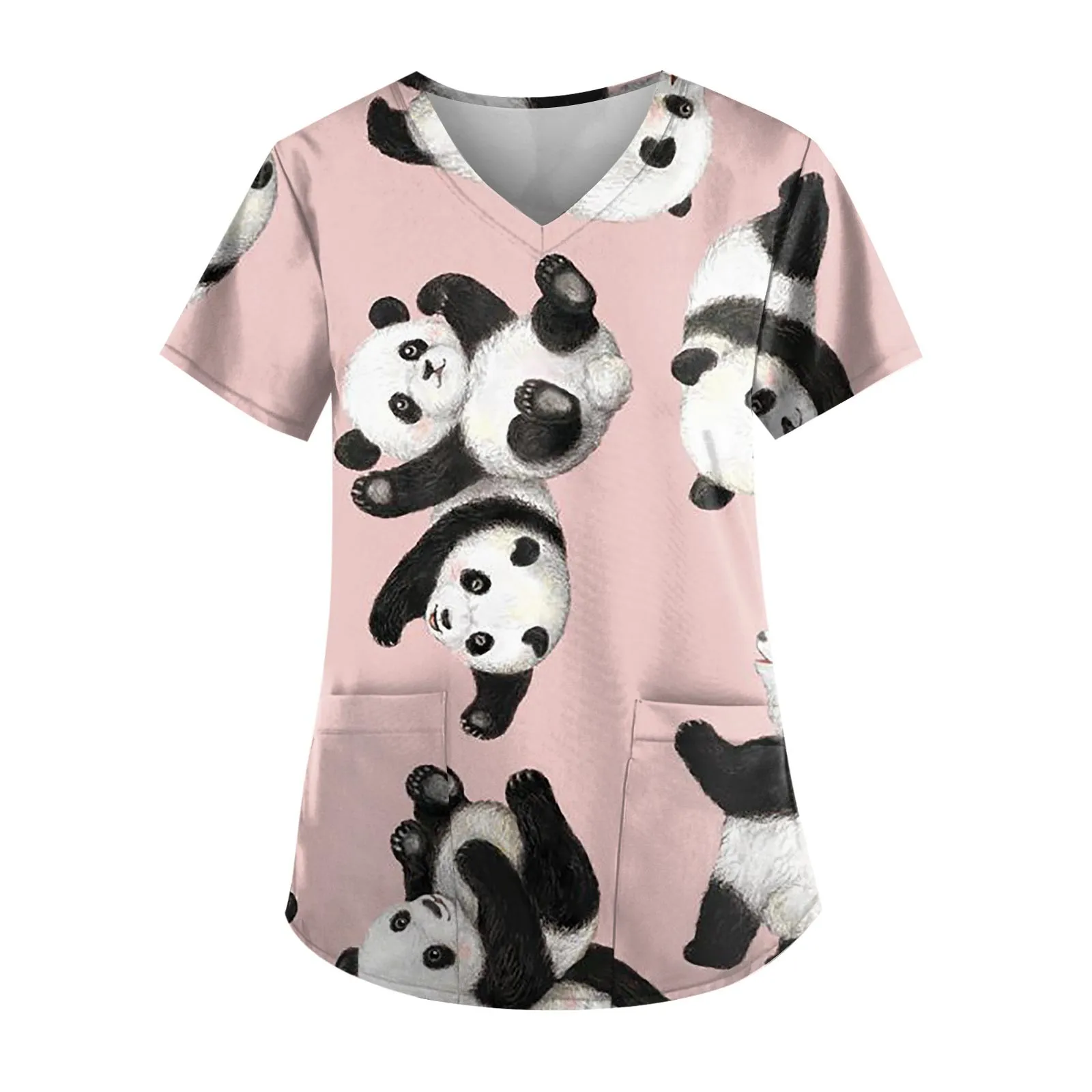 Women Blouse Casual Nurse Uniform panda Print Short Sleeve Tops V-neck Shirt Pocket Beauty Care Scrub Uniforms Enfermera Mujer