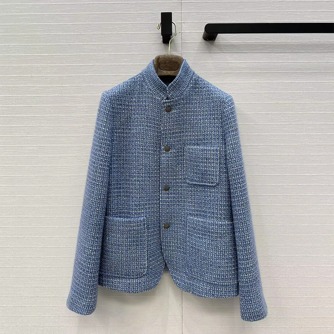 

Old Money Style Vintage Wool Blends Blue Plaid Woven Tweed Jacket Women Stand Collar Single Breasted Long Sleeve Pocket Coat