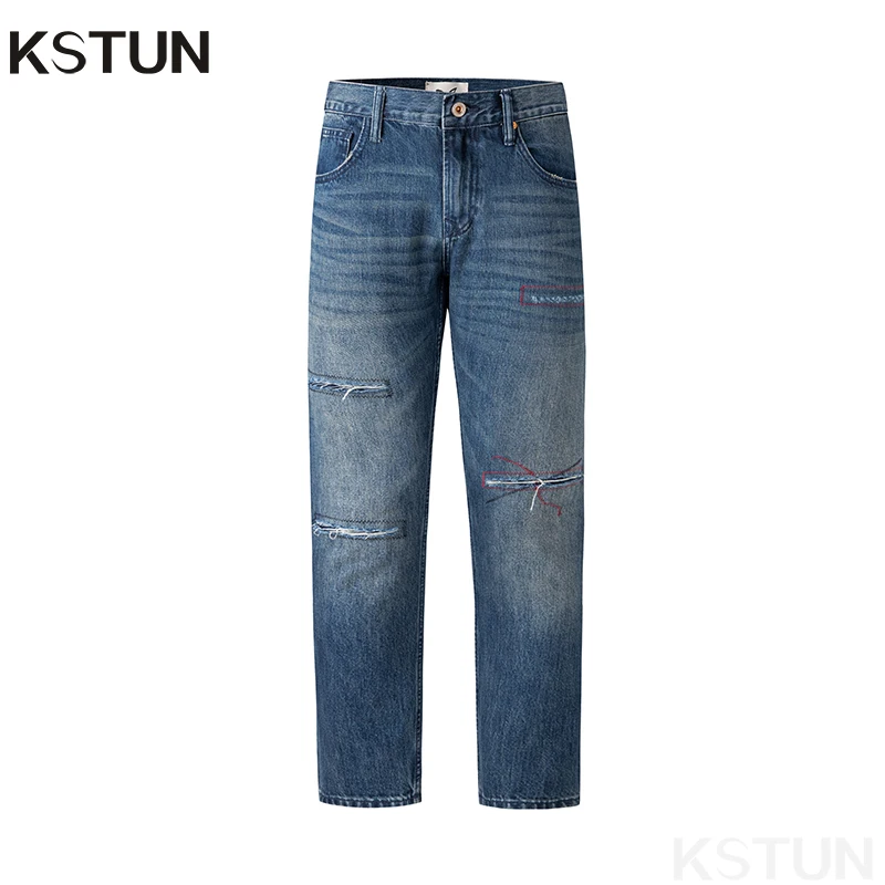 

Ripped Jeans Men Hip Hop Patchwork Blue Denim Pants For Man Distressed Men's Clothing Male Trousers Patched Frayed Motocycle