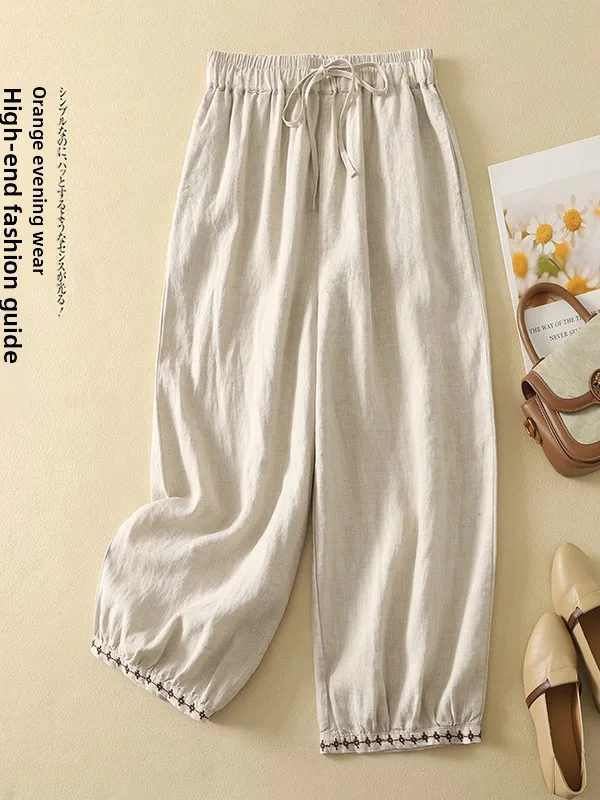 Pantalon lanterne artistique en coton et lin pour femmes, grande taille, Dstring, taille élastique, décontracté, amincissant, neuf pièces, été