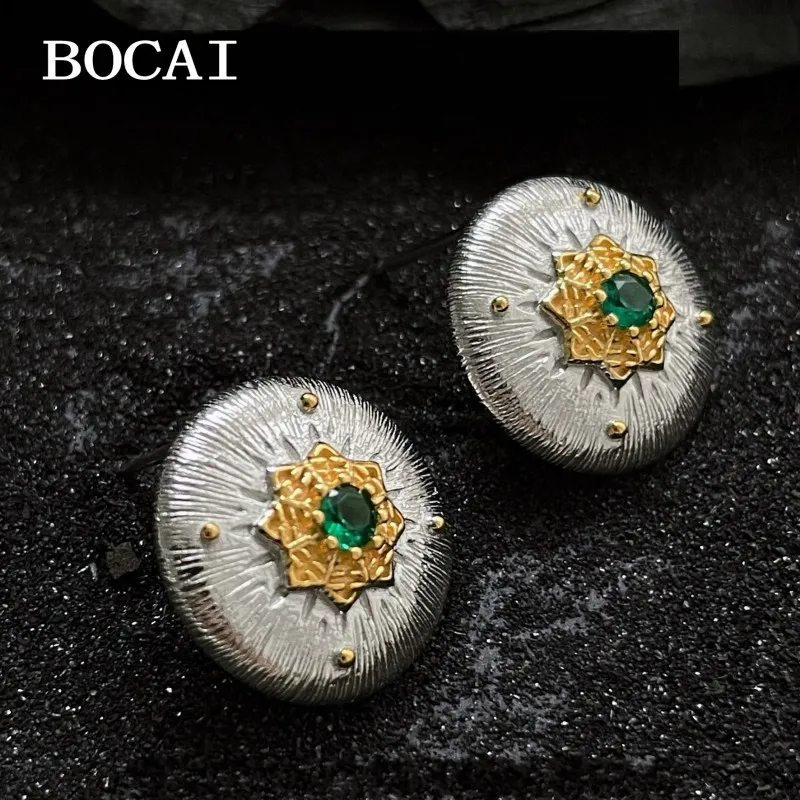 

BOCAI New S925 Silver Fashionable Personalized Green Zirconium Flower Round Earrings Approximately 1.6cm 5.8g Female Gift