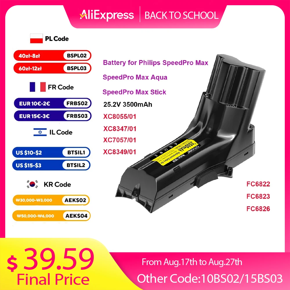 25,2 V 3500 mAh Ersatzakku für Philips SpeedPro Max Aqua Stick Akku-Staubsauger XC8055/01 XC8347/01 XC7057/01 XC8349/01
