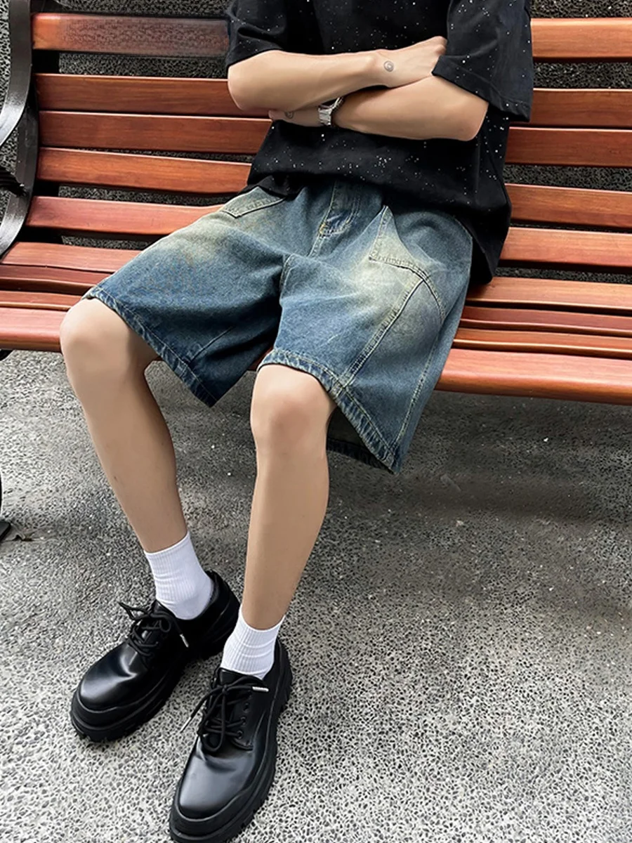 

Свободные мужские джинсы, летние прямые брюки со средней талией и пятью точками, повседневные дышащие удобные брюки в американском стиле High Street