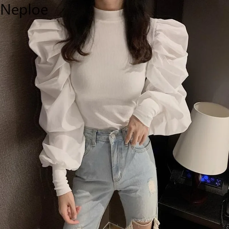 Neploe Korean O Neck Puff Long Sleeve Design Blouse Women Patchwork Knitted Slim Fit Short Blusas Autumn Spring 2024 New Shirt