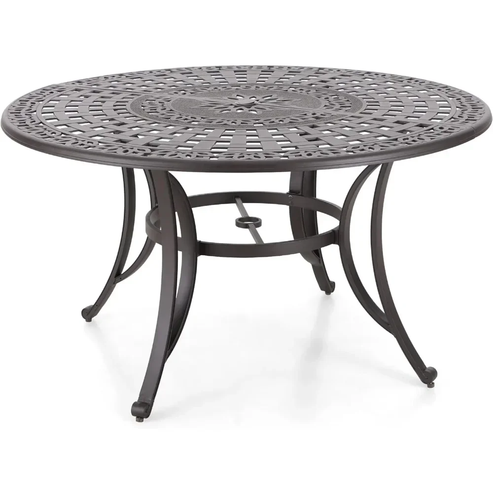 Outdoor Tables  6-Person Round Cast Aluminium, Patio Bistro Table with  Umbrella Hole for Porch Backyard, Bronze Outdoor Table