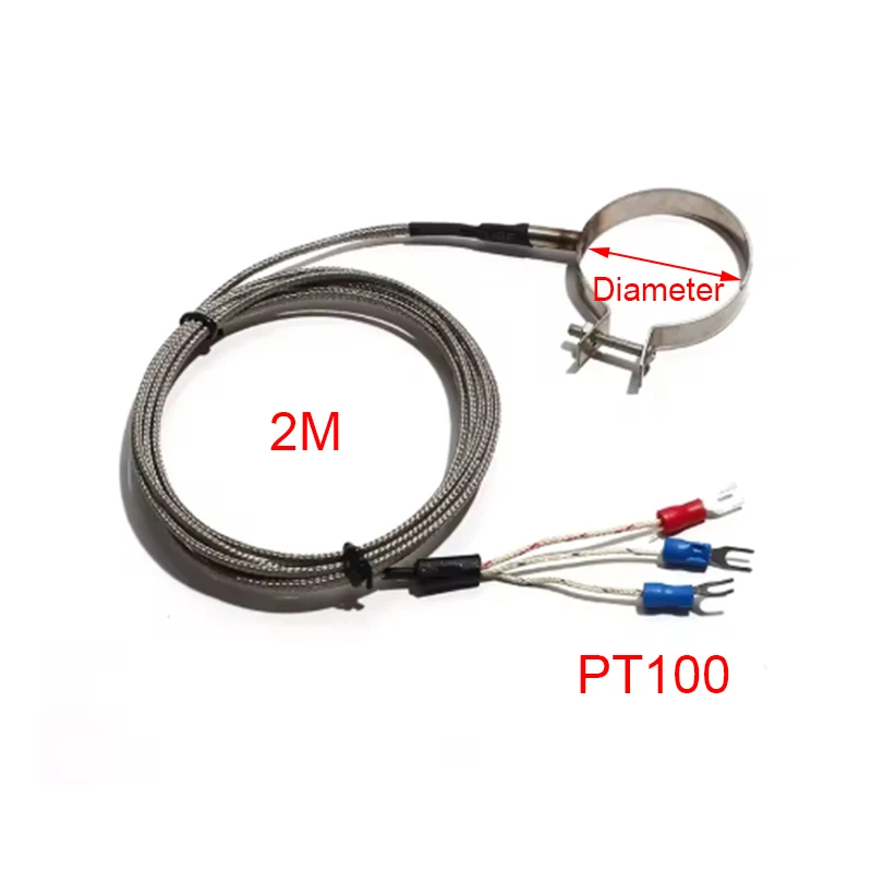 Cable Sensor de temperatura termopar con abrazadera PT100, 48/50/55/60/65mm, anillo de acero inoxidable, línea de prueba de bobina de sonda, 2M, 1 ud.