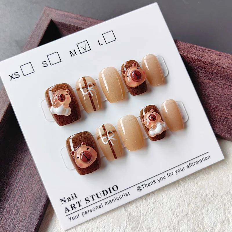 

10pcs Girls Handmade Press On Nails Lovely Cartoon 3D capybara Glossy Cat's Eye False Nails tips Korean Manicure