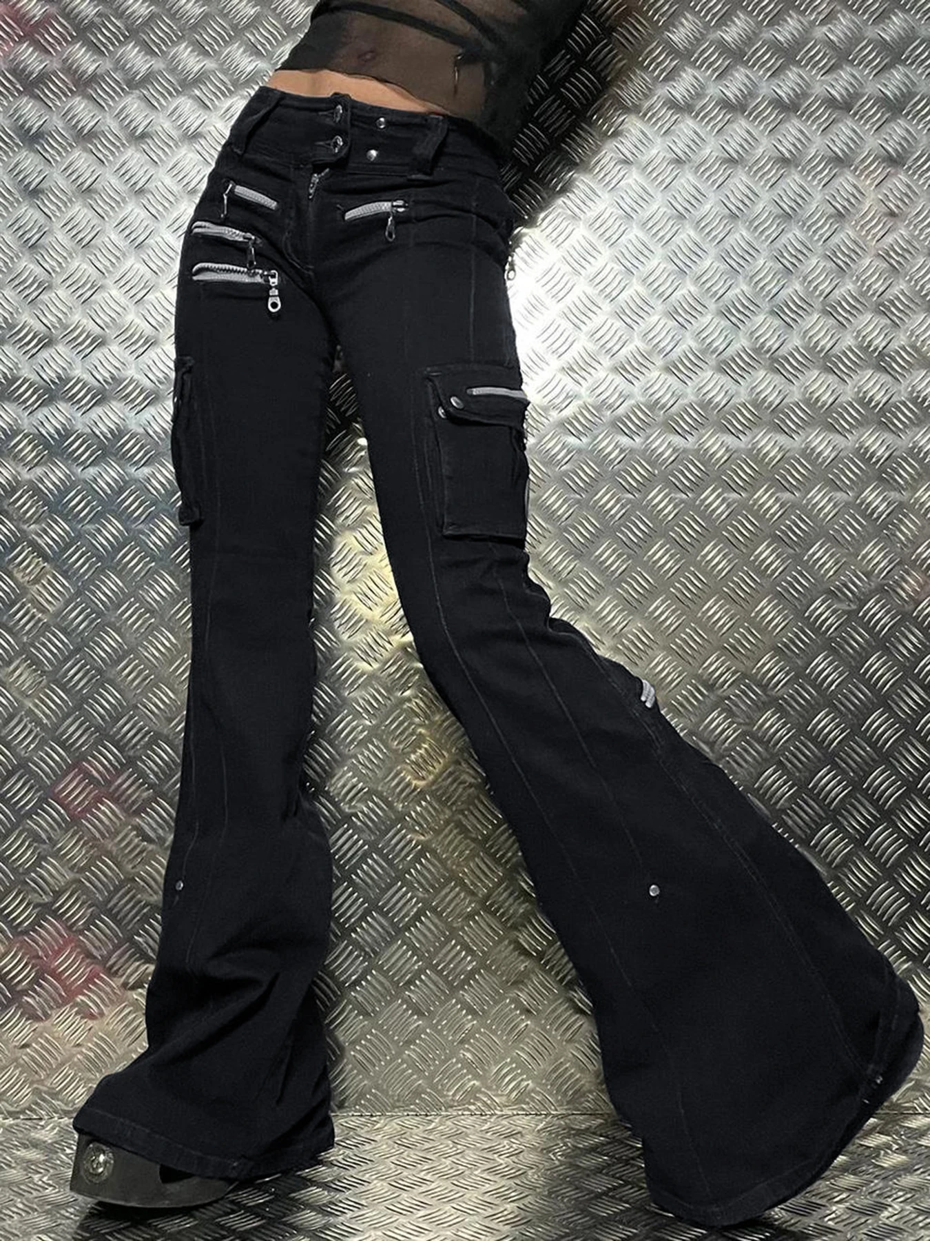 

Rockmore Gothic Zipper Flare Jeans for Women Low Waist Cargo Pants Punk Hip Hop Jean Streetwear Denim Trousers Goth Mall Grunge