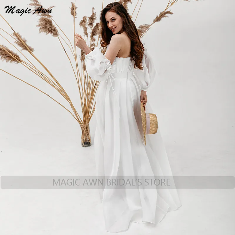 Magic Awn Boho White Wedding Dresses Off The Shoudler Organza Long Puffy Sleeves Country Bridal Gowns Floor Length Vestidos