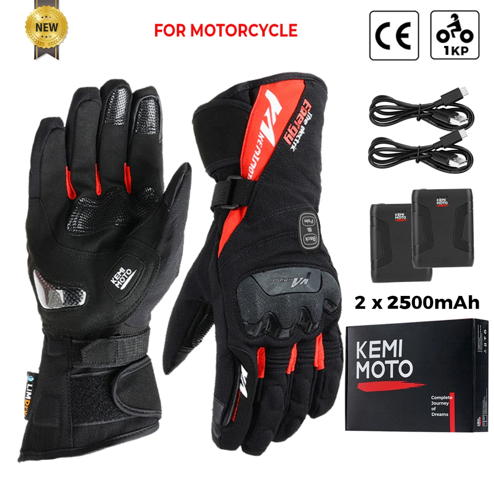 KEMIMOTO Verwarmde motorhandschoenen voor de winter, warme, waterdichte, oplaadbare thermische handschoenen voor sneeuwscooters.
