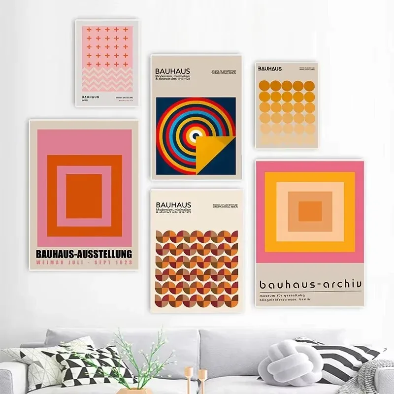 مجردة الوردي البرتقالي باوهاوس هندسية المشارك طباعة صورة الشمال خطوط بسيطة كتلة اللون جدار الفن غرفة قماش اللوحة ديكور