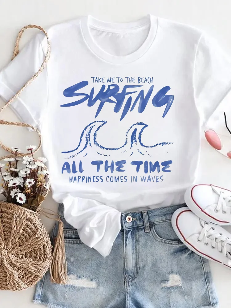 Summer Top Short Sleeved Women's Surfing Print Popular Style 90s Travel Beach Vacation Pattern Cartoon O-Neck Women's T-Shirt
