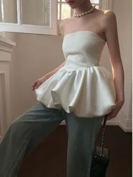 Y2k Aesthetic Sexy Solid Tube T-shirts Sweet Fairy Slim Pleated Cropped Top Women Korean Slash Neck Off Shoulder Tees Party Tops