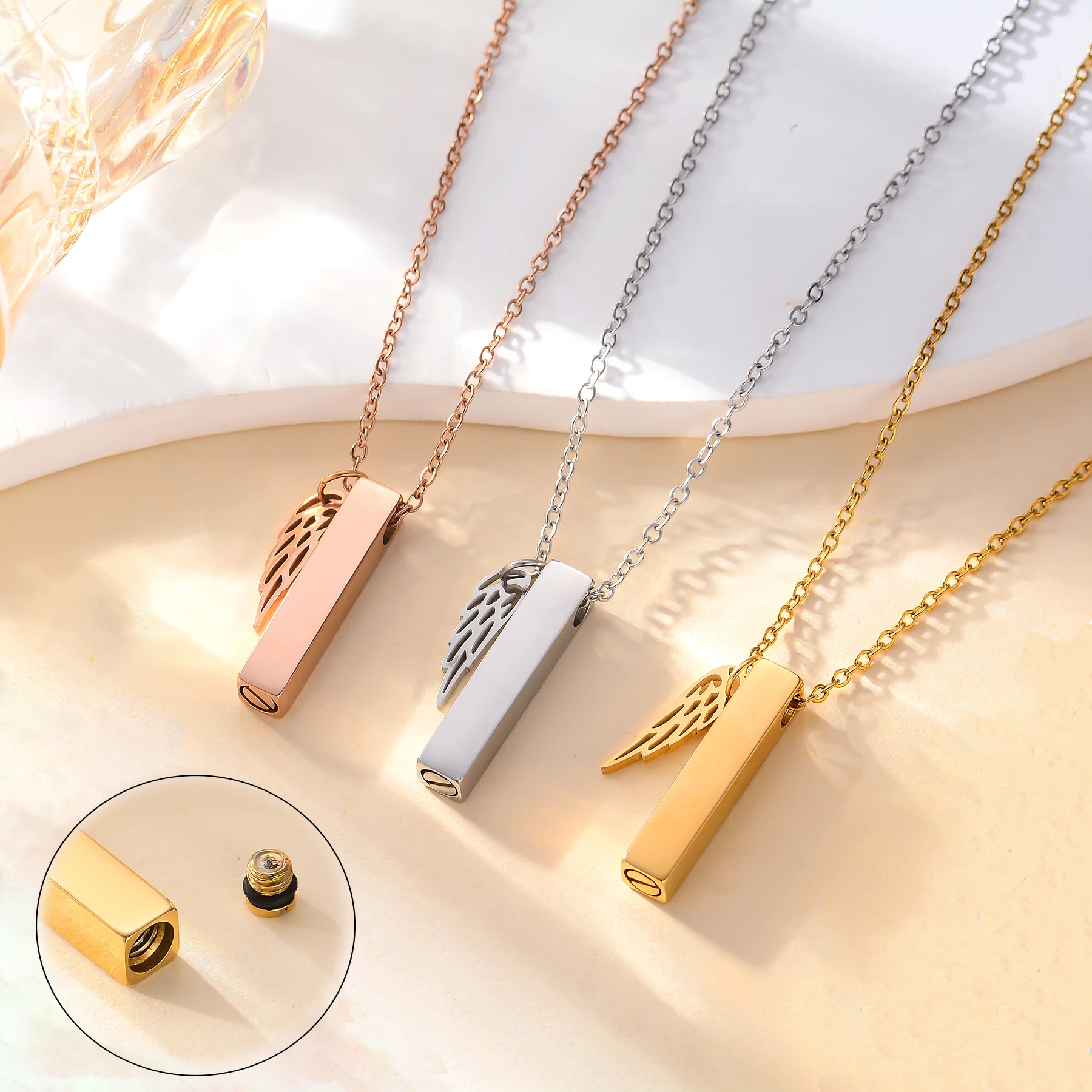 Fashion Cube Bar Pendant Urn Necklace with Angel Wing Cremation Ashes Keepsake Jewelry Gift Dropshipping