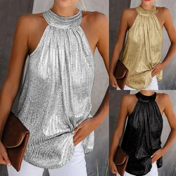 Womens Fashion Shiny Halter Neck Tank Tops Vest Ladies Summer Casual Solid Color Sleeveless T shirt Blouse Black Gold Silver