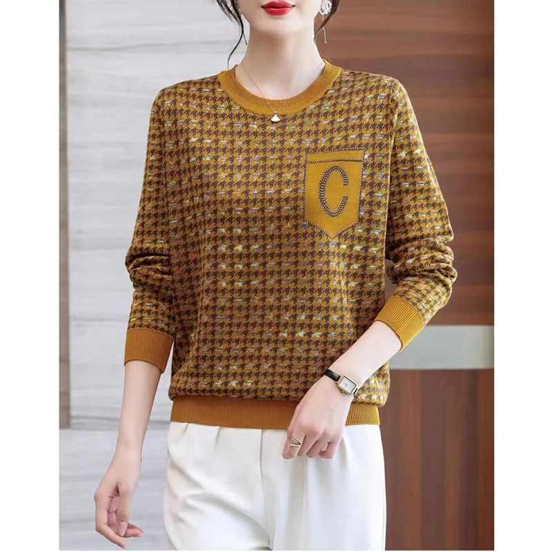 

Осень-зима, универсальный модный вязаный свитер с узором «гусиные лапки», женские модные лоскутные пуловеры с круглым вырезом и длинными рукавами с надписью