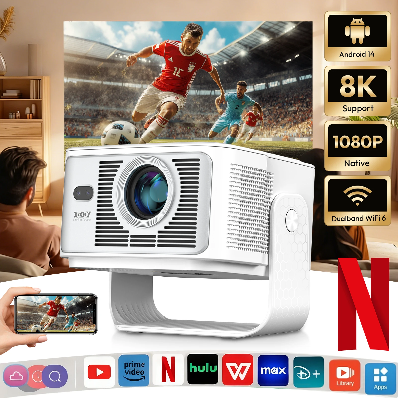 XGODY 900ANSI 8K/4K Projector Autofocus Smart Android 14.0 TV 2+16GB Allwinner H726 Wifi6 BT5.4 Outdoor Home Theater