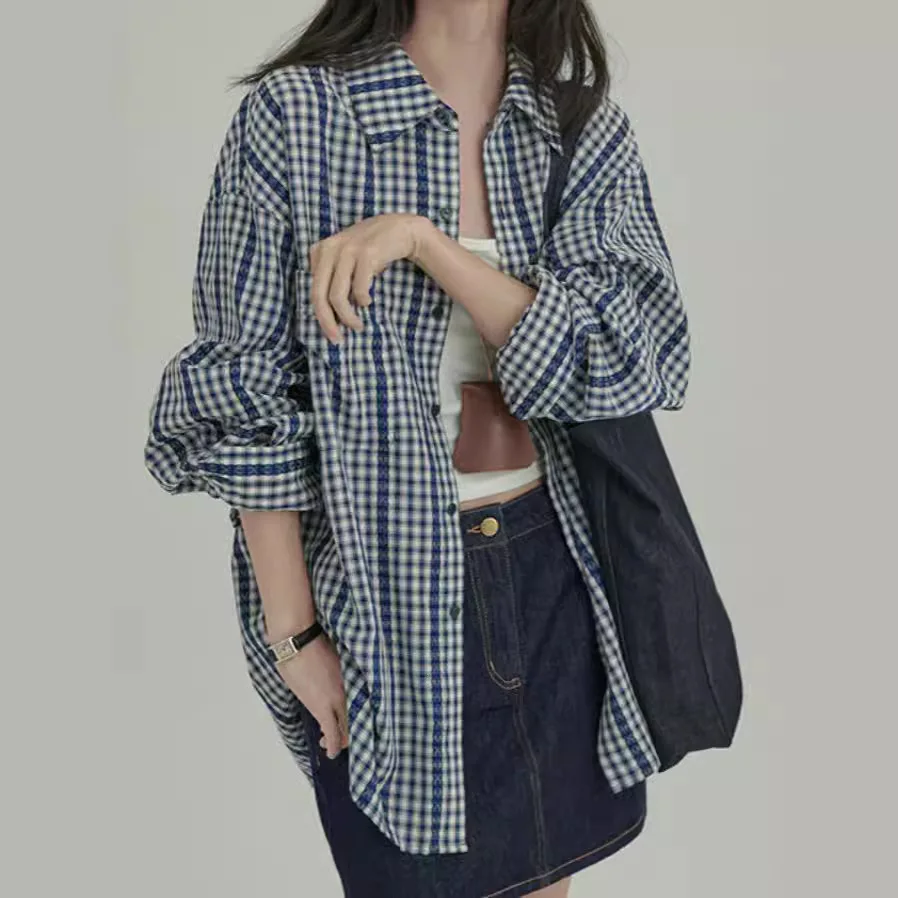 

Summer Retro Refreshing Slimming Temperament Gentle and Loose Casual Lace Plaid Cotton Shirt