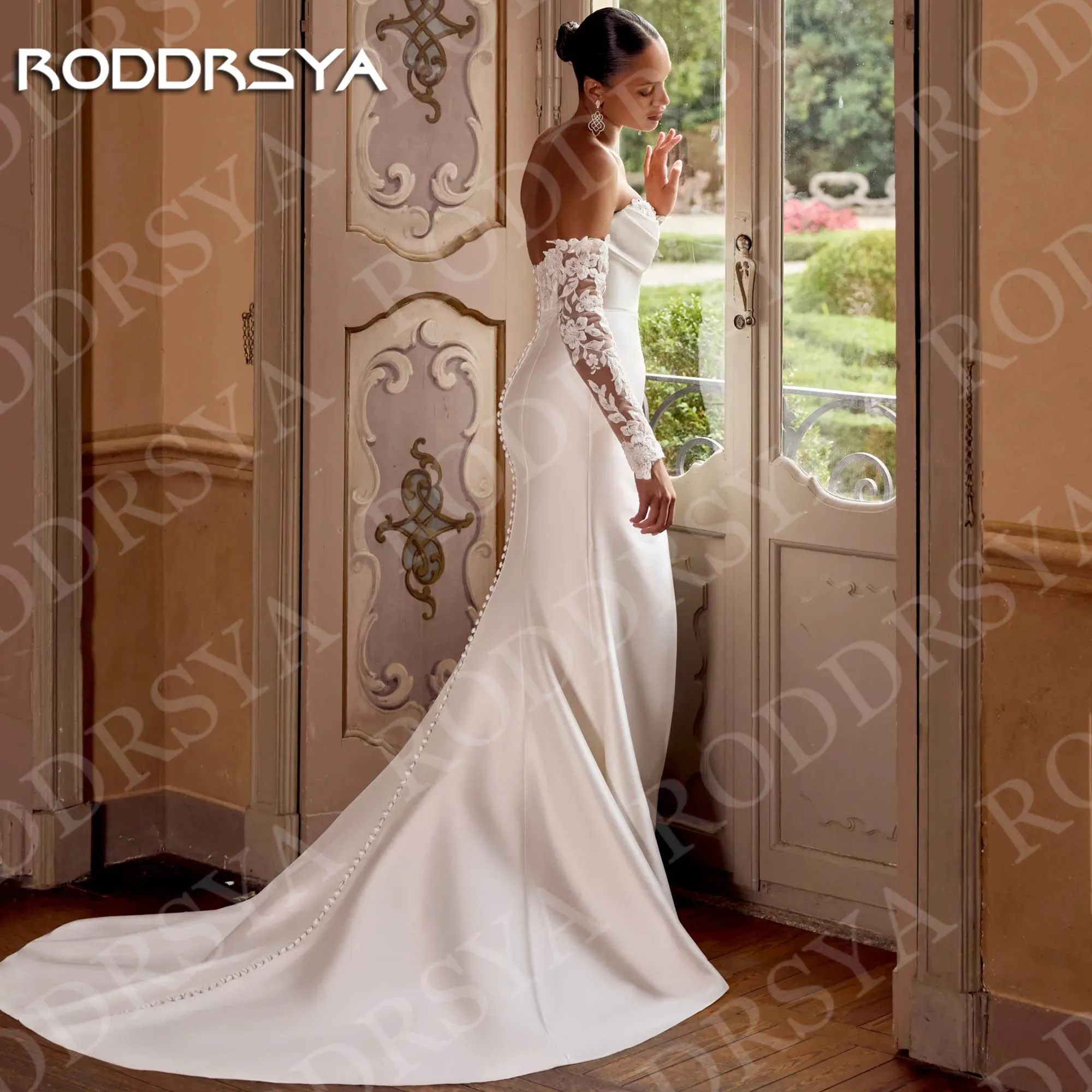 RODDRSYA personnalisé élégant sirène robes de mariée Sexy chérie dentelle manches longues Satin robe de mariée haute fente femme 2026 Personnalisé élégant sirène robes de mariage sexy chérie dentelle manches longues sa