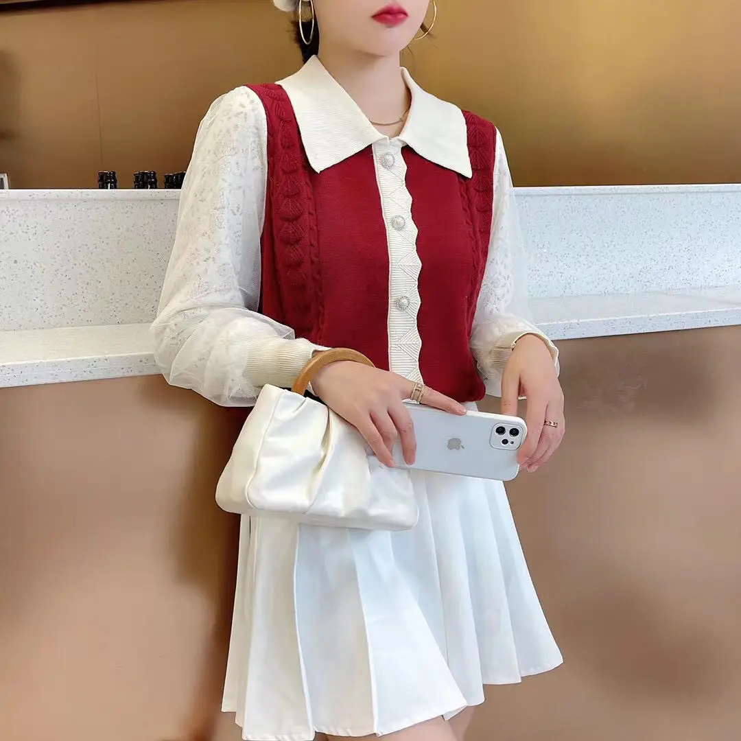 Camisola de malha feminina pullovers nova manga longa gola boneca retalhos camisola de malha pulôver feminino topos sueters de mujer q1179