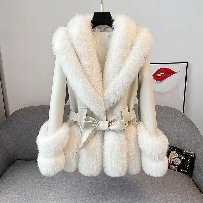 Winter Artificial Fur Collar Cotton Padded Jacket Female Long Sleeves with Belt Outwears Women Warm 