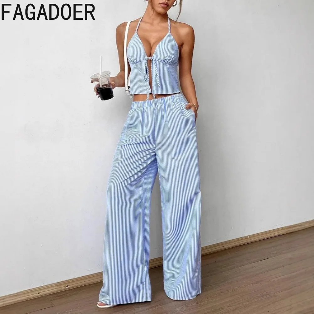 FAGADOER Fashion Striped Patchwork Pants Two Piece Sets Casual Spaghetti Strap Crop Top and Drawstring Wide-leg Pants Outfits